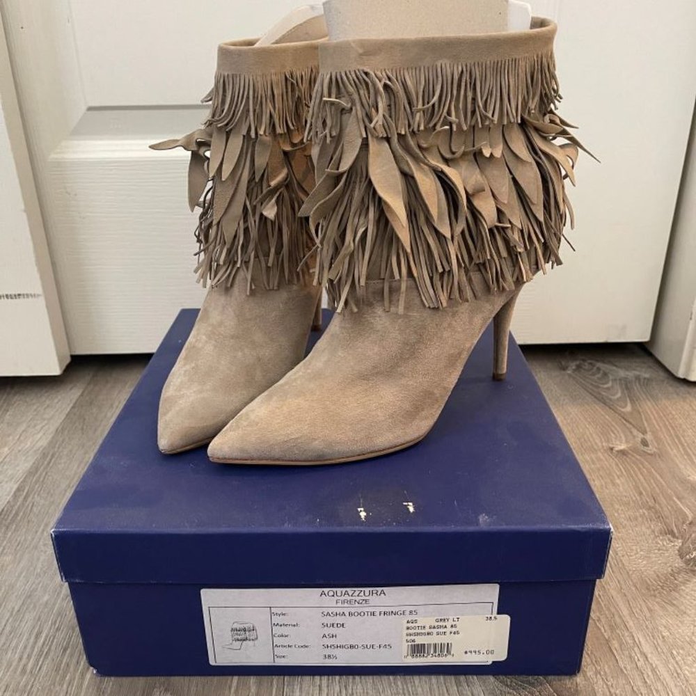 AQUAZZURA Sasha Wild Fringe Suede Ankle Bootie Boots in Ash 38.5